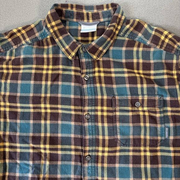 Columbia Lined Flannel Shirt Mens XL Blue Brown Plaid Long Sleeve Shacket Heavy - Picture 2 of 16